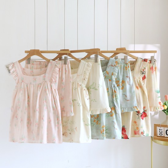 New women's cotton water Washed cotton short-sleeved shorts, thin plaid, simple summer loose loungewear set.