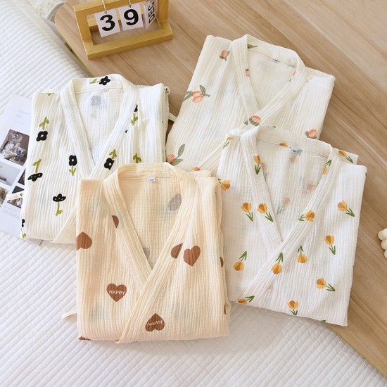 Women's nightgown, pure cotton washed cotton gauze kimono bathrobe, Japanese-style mid-length nightgown, spring, summer, and autumn loose loungewear.