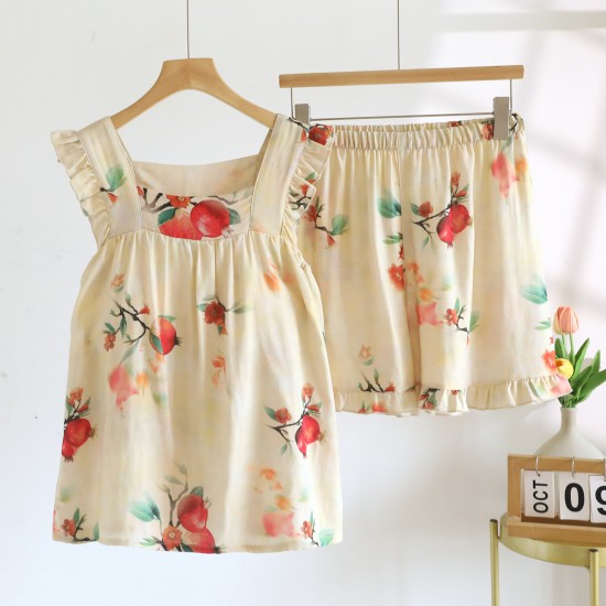 New women's cotton water Washed cotton short-sleeved shorts, thin plaid, simple summer loose loungewear set.