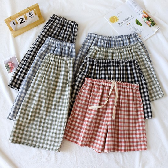 Couples' pure cotton washed cotton plaid shorts, men's and women's, soft, loose summer beach pants, large-size.