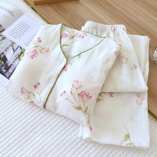 Women's padded pajamas, double-layered gauze, bra-free, long-sleeved, thin cotton loungewear, spring and autumn set