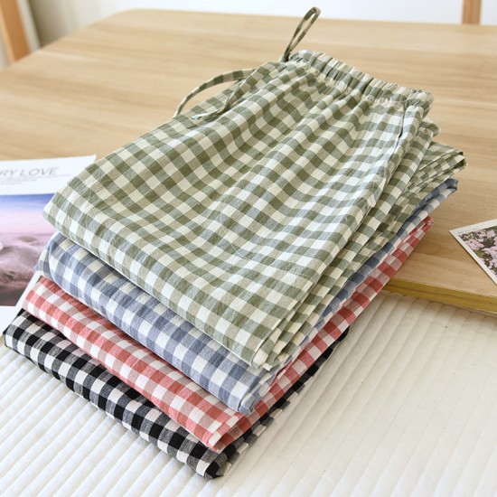 Couples' pajama pants, pure cotton washed cotton plaid, men's and women's, thin, simple, comfortable, casual spring and summer trousers.