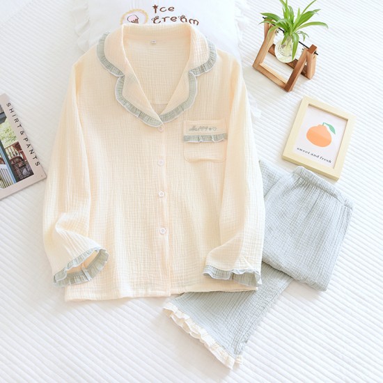 Summer women's pure cotton gauze pajamas, loose round-neck, thin, one-piece loungewear, soft and breathable