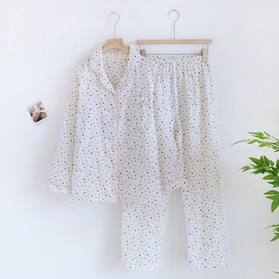 Women's Pajamas, Pure Cotton Plaid Air-layer quilted couple's thickened, warm autumn and winter loungewear, loose and casual trousers.