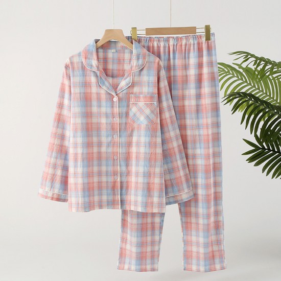 Spring and summer women's padded pajamas, pure cotton double-layer gauze long-sleeved trousers, soft bra-free loungewear set.