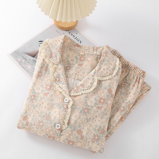 Women's spring and summer pure cotton gauze long-sleeved trousers, colorful flower pattern, thin, soft, spring and summer loungewear set.