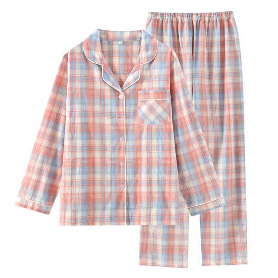 Spring and summer women's padded pajamas, pure cotton double-layer gauze long-sleeved trousers, soft bra-free loungewear set.