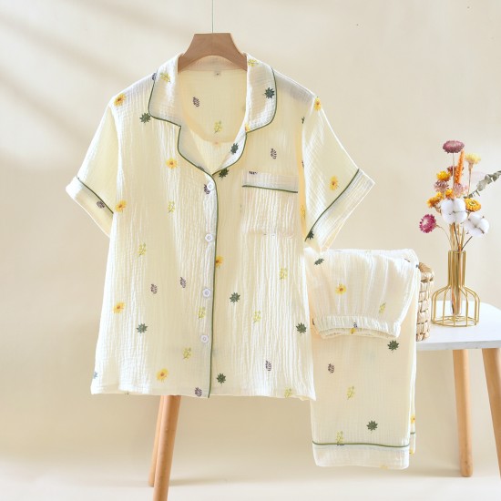 Women's summer pajamas, plus-size, pure cotton, double-layered gauze short-sleeved trousers, refreshing, soft, loose loungewear two-piece set