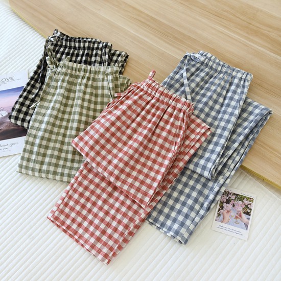 Couples' pajama pants, pure cotton washed cotton plaid, men's and women's, thin, simple, comfortable, casual spring and summer trousers.