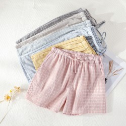 Women's washed cotton shorts, thin summer plaid pajamas, loose, plus-size, soft loungewear.