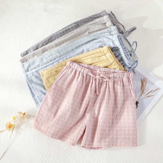 Women's washed cotton shorts, thin summer plaid pajamas, loose, plus-size, soft loungewear.