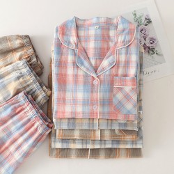 Spring and summer women's padded pajamas, pure cotton double-layer gauze long-sleeved trousers, soft bra-free loungewear set.