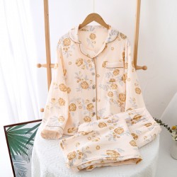 Women's Japanese-style pajamas, spring and autumn, thin, loose-fitting, long-sleeved cardigan loungewear set.