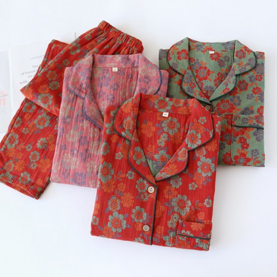 Men's spring and autumn couple's pajamas, pure cotton gauze long-sleeved trousers, thin summer Japanese-style loose loungewear set New postpartum maternity wear, pure cotton double-layer gauze long-sleeved pajamas, thin nursing clothes, open-front postpar