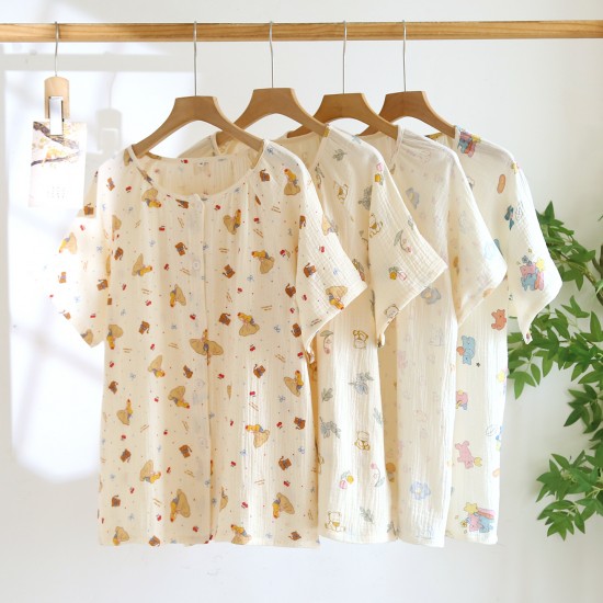 Summer women's pajamas, pure cotton yarn-dyed double-layered cotton gauze, thin, lock-front loungewear, loose and soft, mosquito-proof pants