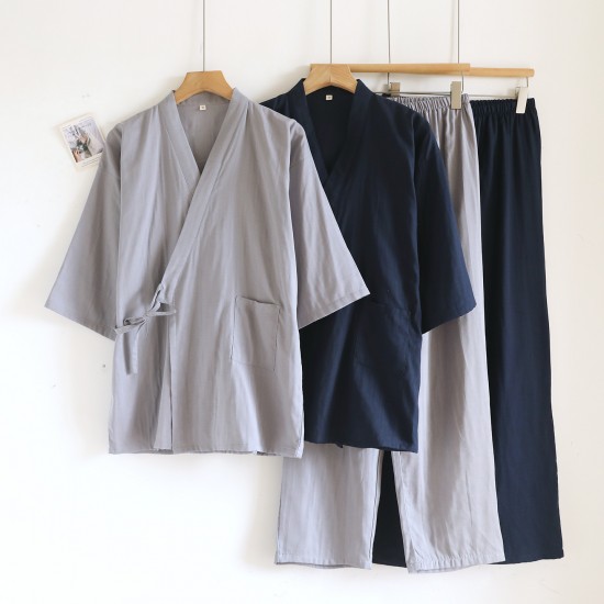 Couples' cotton gauze nightgown, pine tree-style, thin, men's and women's bathrobes, loose cotton kimono pajamas, and loose drawstring mid-length kimono pajamas.