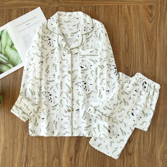 New cotton gauze pajamas for women, spring, autumn, and summer, long-sleeved, all-cotton, thin, simple loungewear set suitable for outerwear