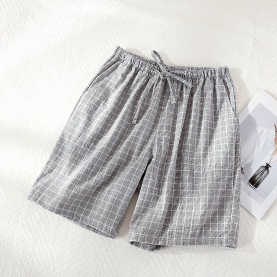 Women's washed cotton shorts, thin summer plaid pajamas, loose, plus-size, soft loungewear.