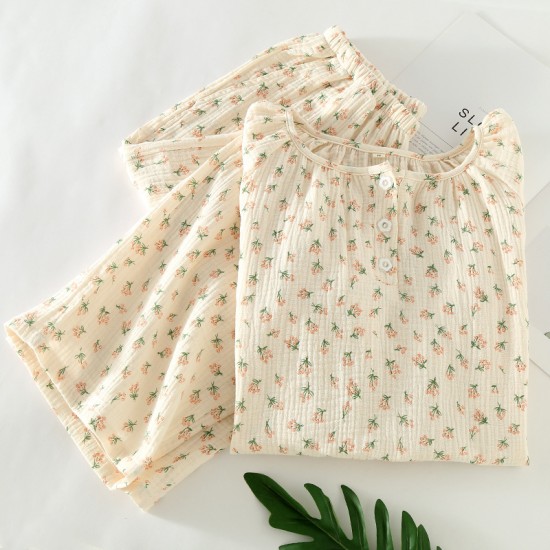 Women's pajamas, pure cotton double-layer gauze, round-neck, long-sleeved, spring and summer thin cotton floral crepe loungewear set