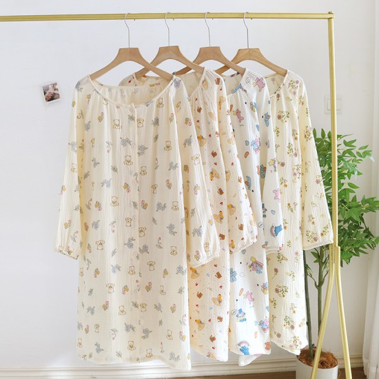 New spring and autumn women's pajamas, pure cotton double-layered gauze yarn-dyed jacquard long-sleeved, summer retro two-piece loungewear set