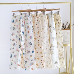 Women's Crepe Printed Pajamas, Spring and Autumn Double-Layer Cotton Gauze Thin Loose Drawstring Pants, Homewear Pants