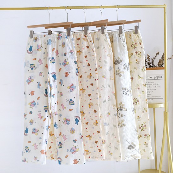 Women's Crepe Printed Pajamas, Spring and Autumn Double-Layer Cotton Gauze Thin Loose Drawstring Pants, Homewear Pants