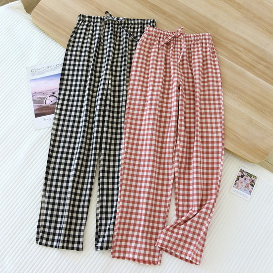 Couples' pajama pants, pure cotton washed cotton plaid, men's and women's, thin, simple, comfortable, casual spring and summer trousers.