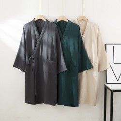 Men's spring and summer nightgown, thin, plus-size, kimono bathrobes, loose, three-quarter sleeve crepe for couples