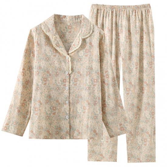 Women's spring and summer pure cotton gauze long-sleeved trousers, colorful flower pattern, thin, soft, spring and summer loungewear set.