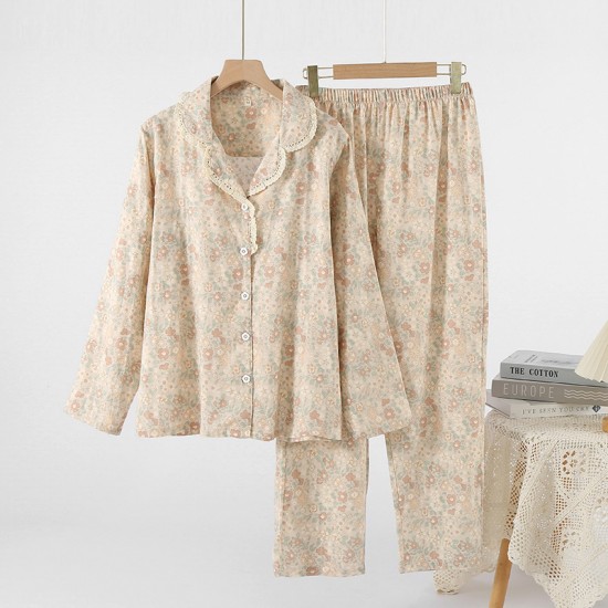 Women's spring and summer pure cotton gauze long-sleeved trousers, colorful flower pattern, thin, soft, spring and summer loungewear set.