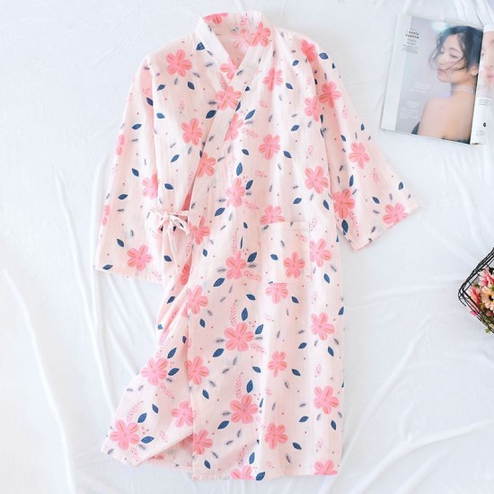 Japanese-style kimono robe, women's spring, summer, and autumn pure cotton double-layer gauze nightgown, all-cotton loungewear, yukata bathrobe.