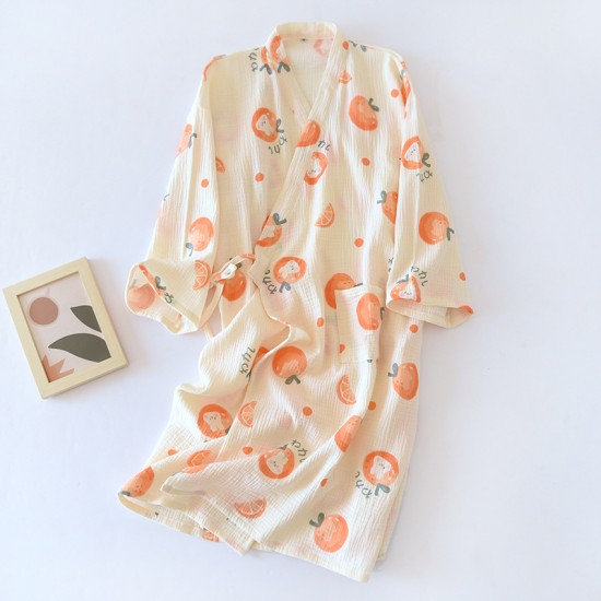 Women's cotton double-layer gauze pajamas, round neck, long sleeves, thin, spring, summer, and autumn, loose, thin loungewear set.