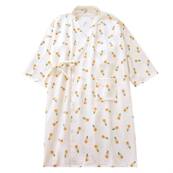 Women's nightgown, pure cotton washed cotton gauze kimono bathrobe, Japanese-style mid-length nightgown, spring, summer, and autumn loose loungewear.