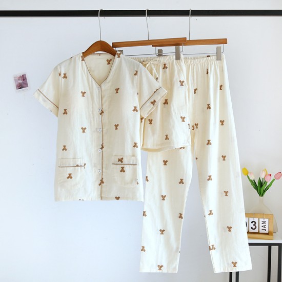 Women's pure cotton home clothes, washed cotton short-sleeved long pants, plaid cotton, large-size, loose, thin summer pajamas set