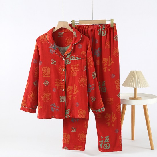 Pure cotton crepe and cotton yarn pajamas, spring and autumn long-sleeved pants, thin, all-season plus-size loungewear, soft two-piece set.