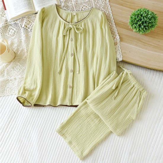 Women's pure cotton double-layer gauze pajamas, round neck, long sleeves, thin, loose-fitting, spring, summer, and autumn loungewear set.