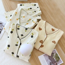 Women's padded pajamas, V-neck pure cotton double-layer gauze long sleeves, thin spring and summer loungewear two-piece set.