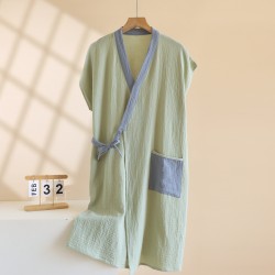 Couple kimono nightgown, pure cotton double-layer gauze, short sleeves, men's and women's bathrobes, loose-fitting, mid-length, drawstring kimono pajamas.