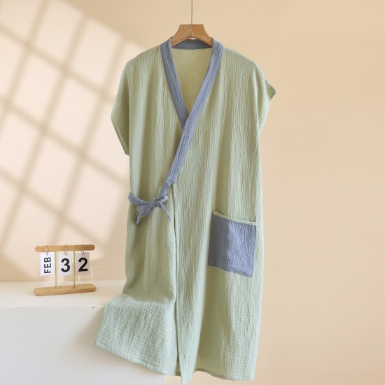 Couple kimono nightgown, pure cotton double-layer gauze, short sleeves, men's and women's bathrobes, loose-fitting, mid-length, drawstring kimono pajamas.