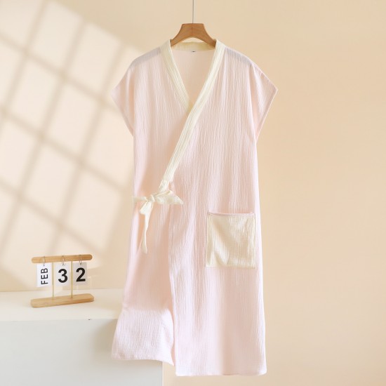 Couple kimono nightgown, pure cotton double-layer gauze, short sleeves, men's and women's bathrobes, loose-fitting, mid-length, drawstring kimono pajamas.