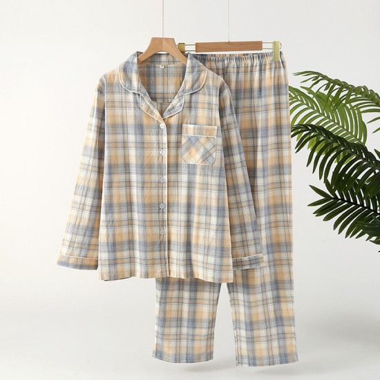 Spring and summer women's padded pajamas, pure cotton double-layer gauze long-sleeved trousers, soft bra-free loungewear set.