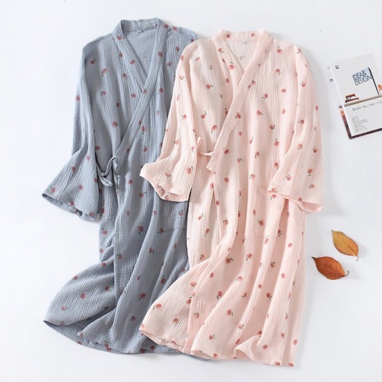 Japanese-style kimono robes, women's cotton double-layer gauze pajamas, spring and summer steaming loungewear, thin, soft bath skirts.