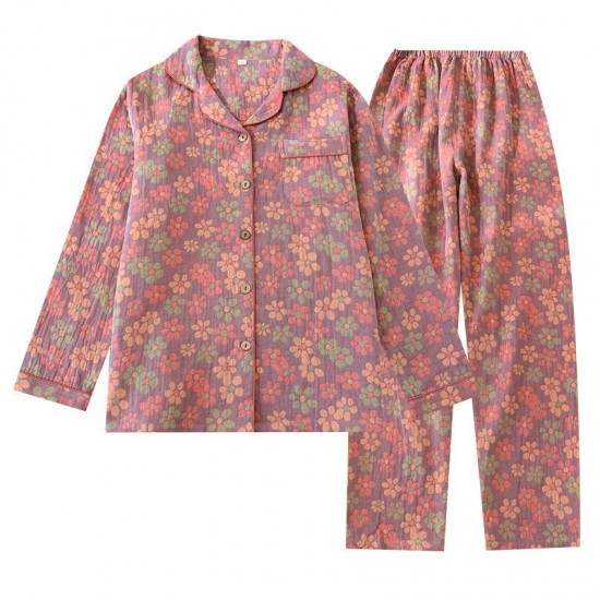 Women's spring and autumn pure cotton yarn-dyed jacquard gauze long-sleeved cardigan, retro pastoral-style all-cotton loungewear set.