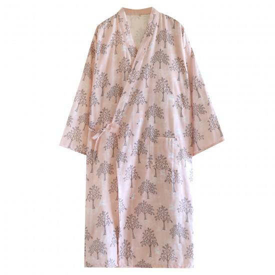 Couple pure cotton gauze nightgown, pine tree-style, thin, men's and women's spring, summer, and autumn bathrobes, loose cotton kimono pajamas.