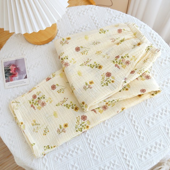 Women's Crepe Printed Pajamas, Spring and Autumn Double-Layer Cotton Gauze Thin Loose Drawstring Pants, Homewear Pants