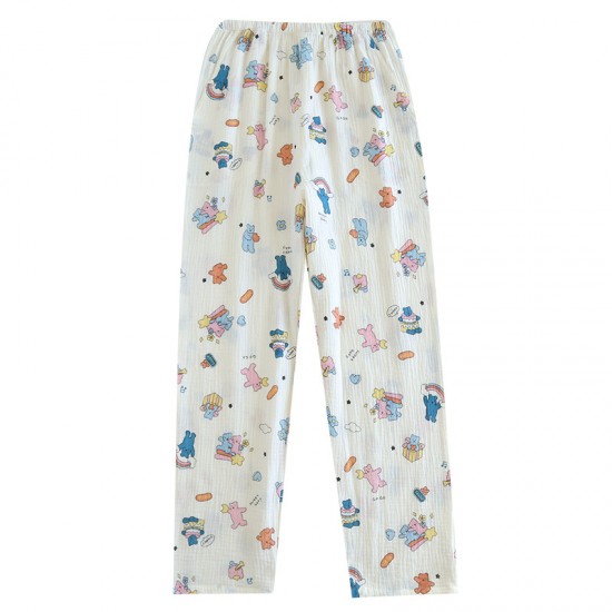 Women's Crepe Printed Pajamas, Spring and Autumn Double-Layer Cotton Gauze Thin Loose Drawstring Pants, Homewear Pants