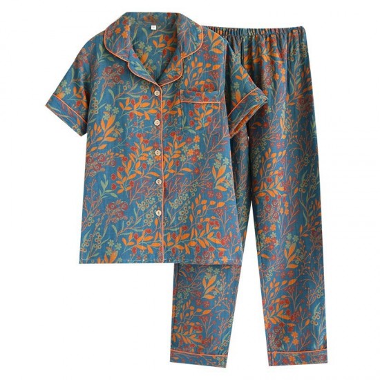 New women's nightdress, pure cotton double-layered crepe, long-sleeved, thin bath skirt, loose spring and summer pajamas, all-cotton loungewear set