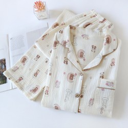 New Women's Pajamas, Pure Cotton Double-Layer Gauze Yarn-Dyed Jacquard Long-Sleeved Pants, Thin Spring, Summer, and Autumn Homewear Sets