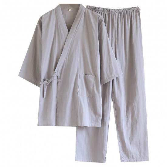Couples' cotton gauze nightgown, pine tree-style, thin, men's and women's bathrobes, loose cotton kimono pajamas, and loose drawstring mid-length kimono pajamas.