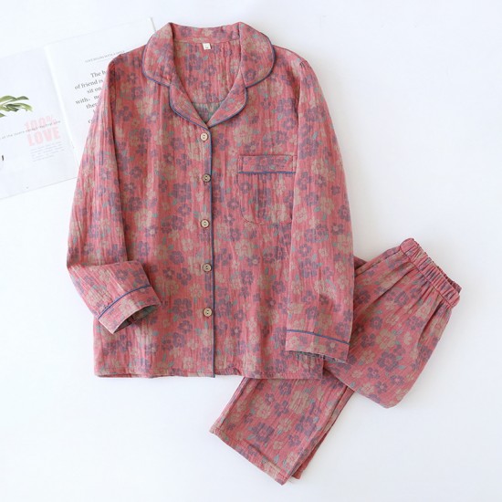 Men's spring and autumn couple's pajamas, pure cotton gauze long-sleeved trousers, thin summer Japanese-style loose loungewear set New postpartum maternity wear, pure cotton double-layer gauze long-sleeved pajamas, thin nursing clothes, open-front postpar